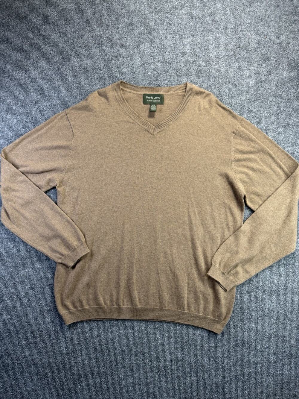 Pronto Uomo Cotton Cashmere V-Neck Sweater Mens Sz L Tan Preppy, Quiet Luxury